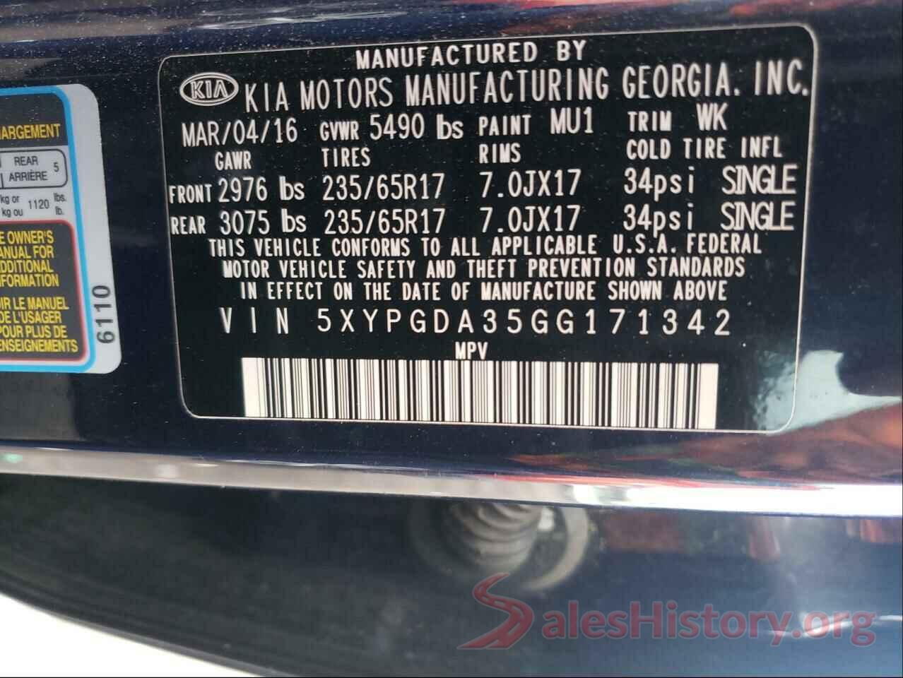 5XYPGDA35GG171342 2016 KIA SORENTO