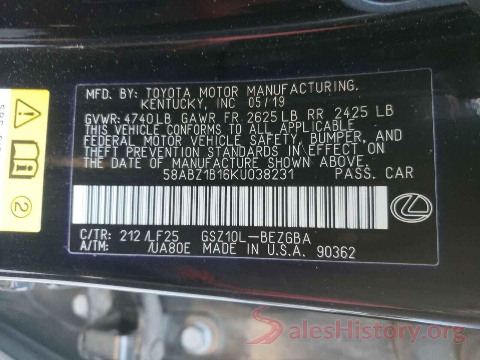 58ABZ1B16KU038231 2019 LEXUS ES350