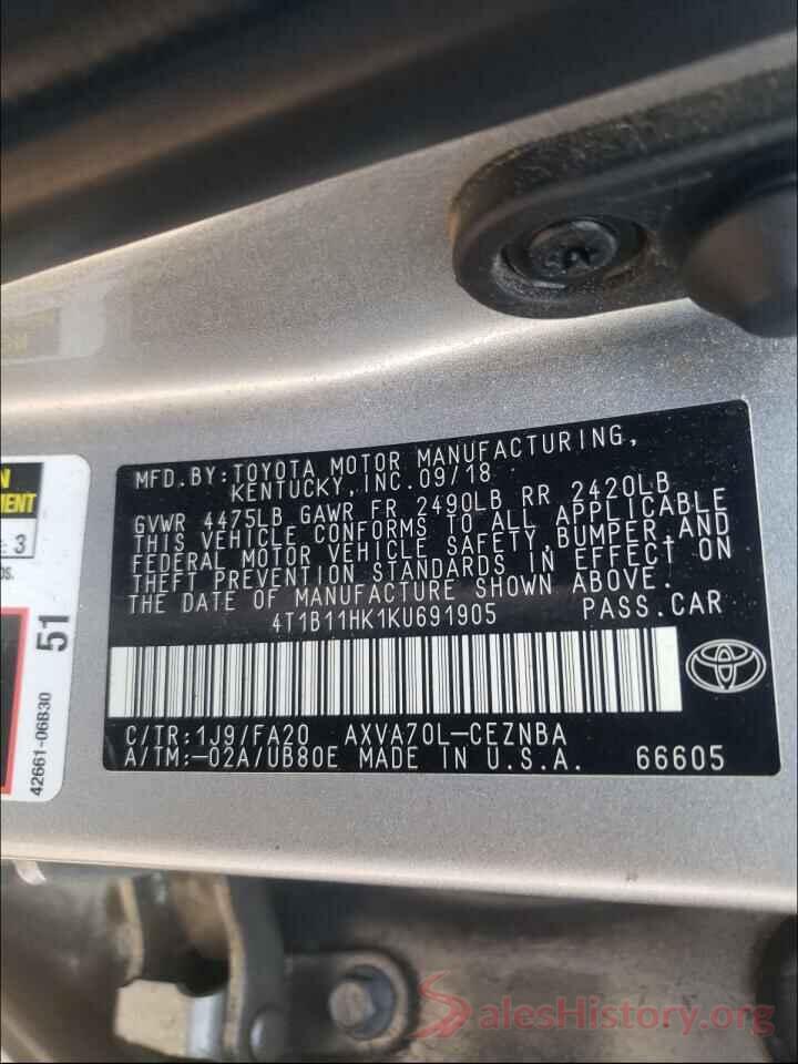 4T1B11HK1KU691905 2019 TOYOTA CAMRY