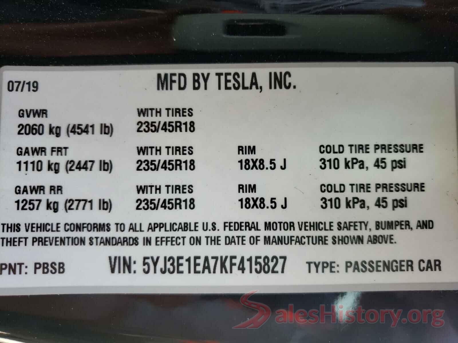 5YJ3E1EA7KF415827 2019 TESLA MODEL 3