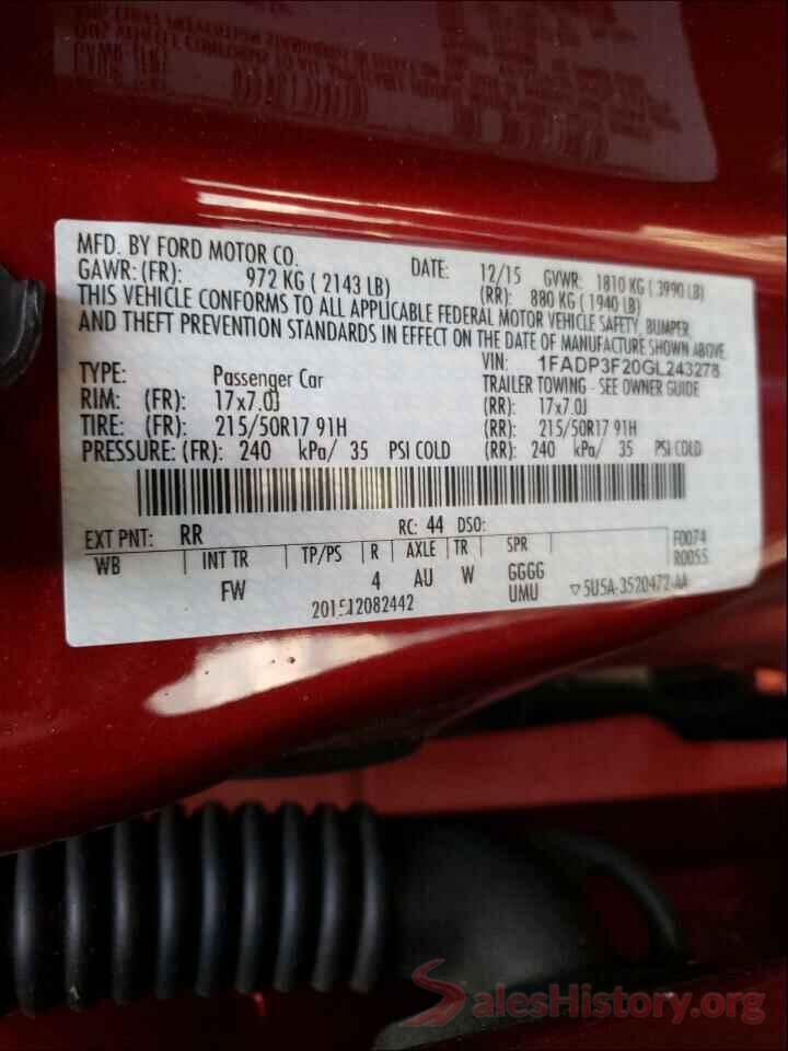 1FADP3F20GL243278 2016 FORD FOCUS