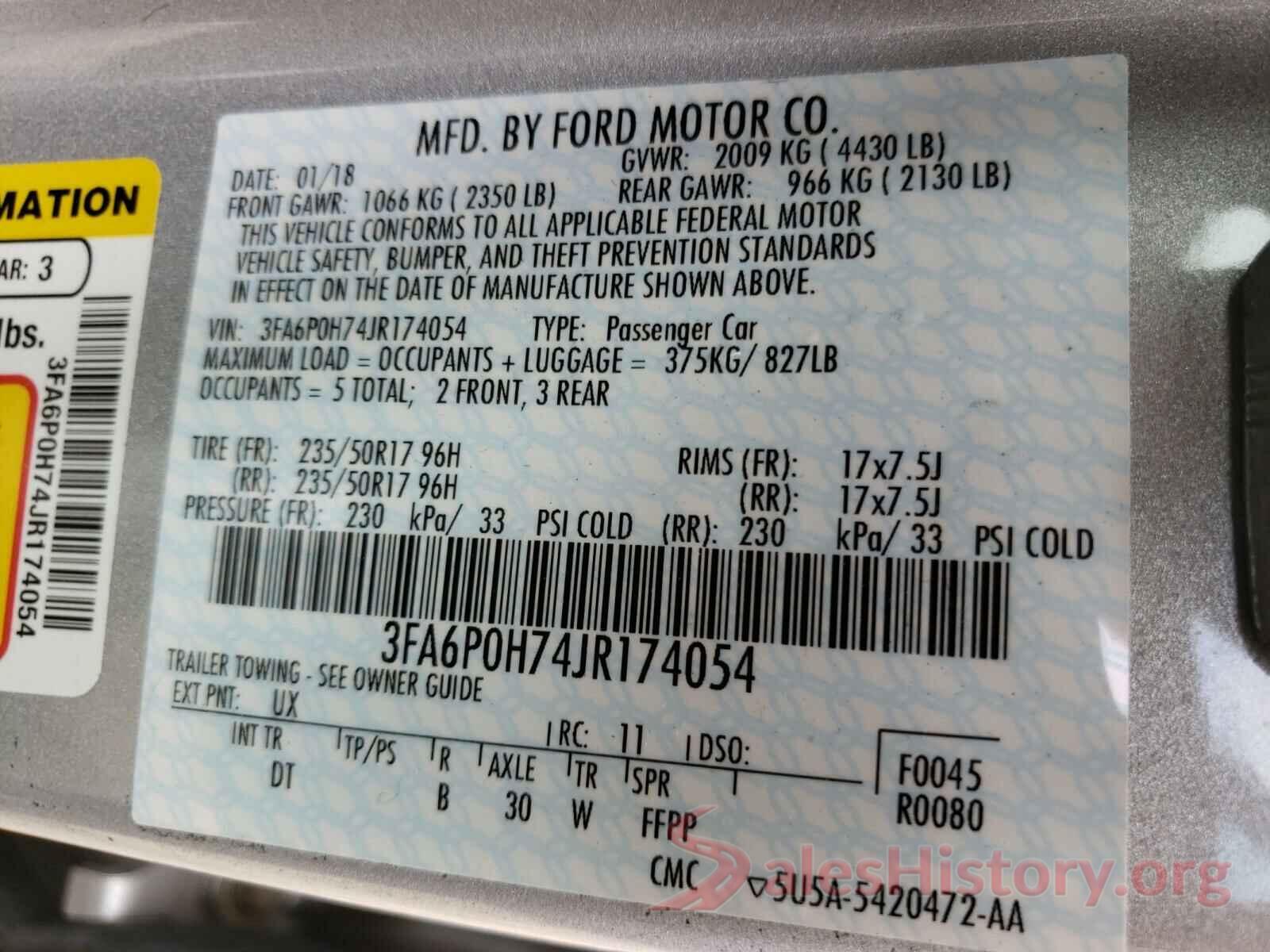 3FA6P0H74JR174054 2018 FORD FUSION