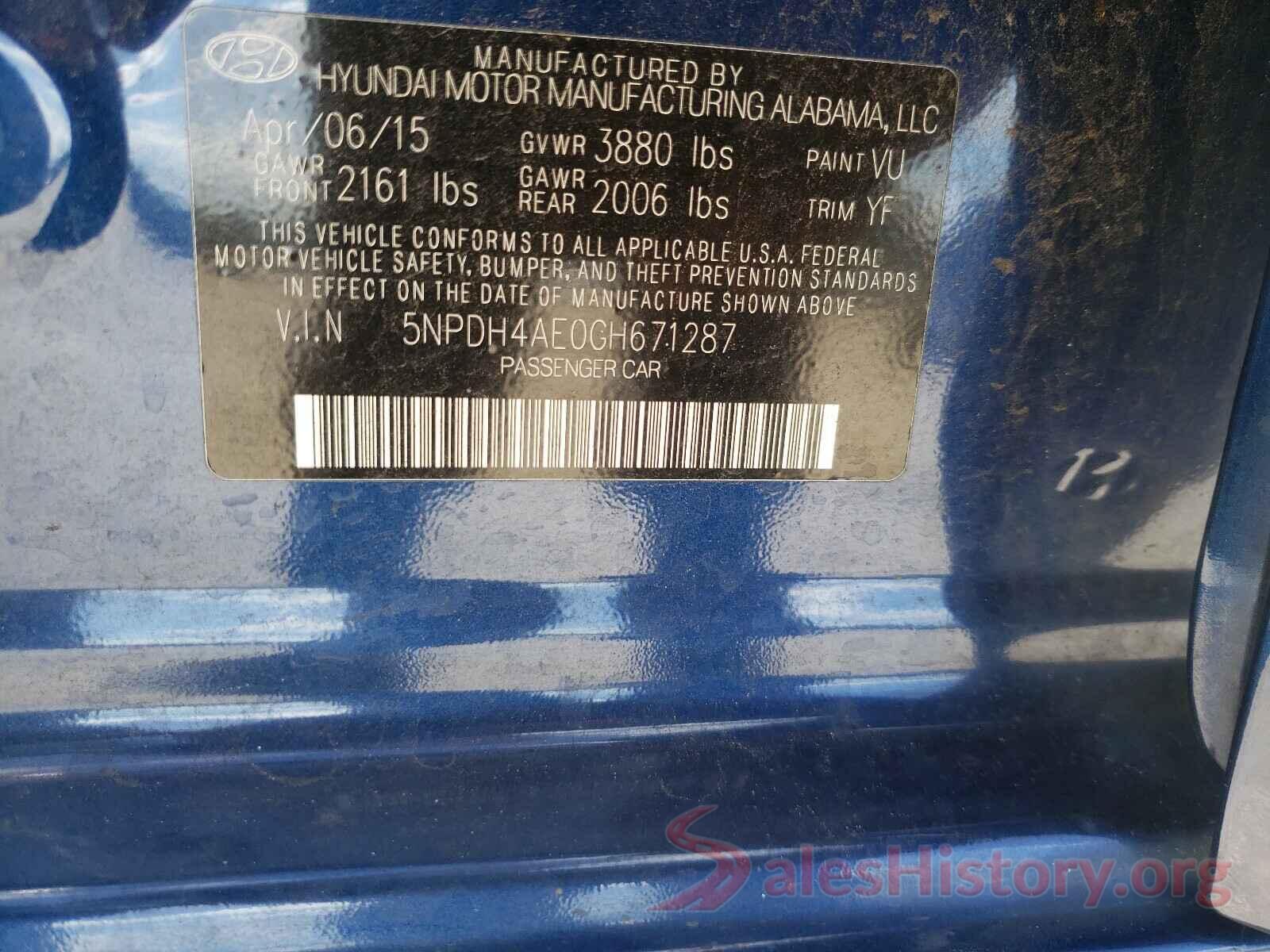 5NPDH4AE0GH671287 2016 HYUNDAI ELANTRA