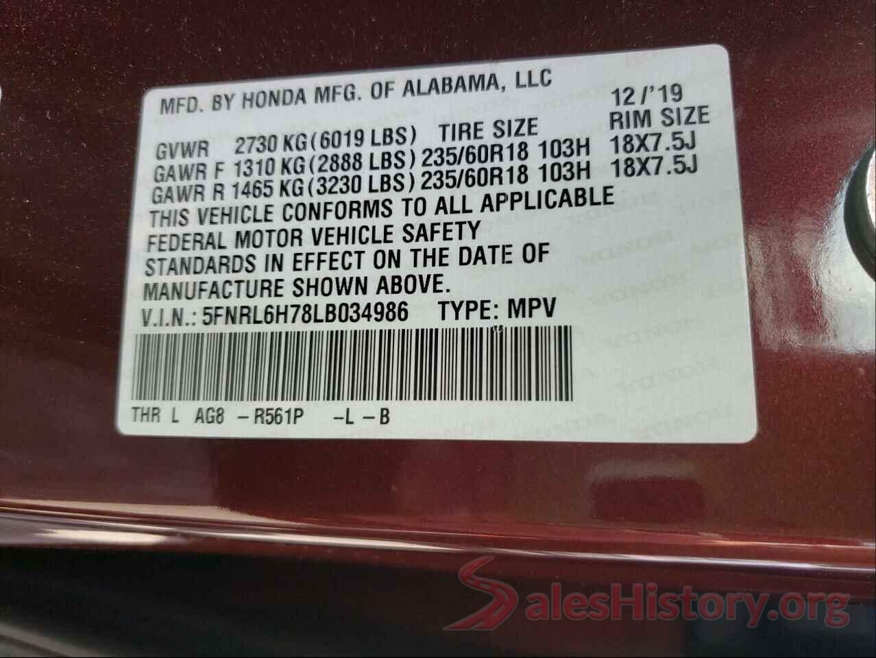 5FNRL6H78LB034986 2020 HONDA ODYSSEY