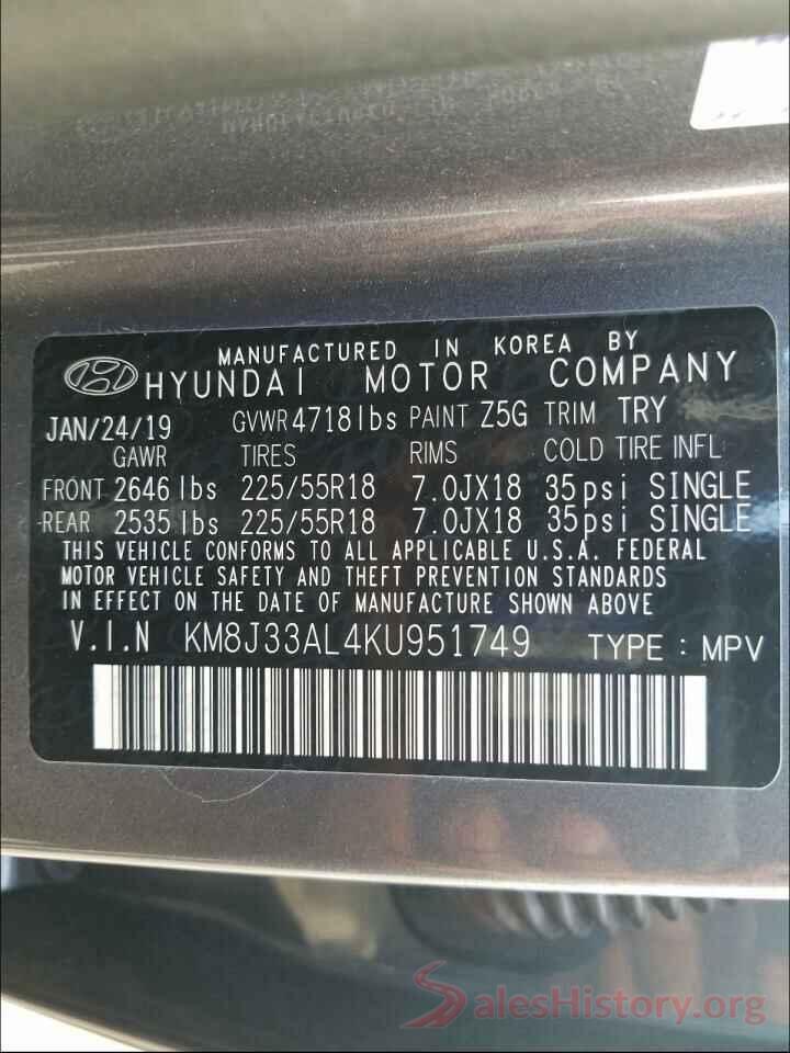 KM8J33AL4KU951749 2019 HYUNDAI TUCSON