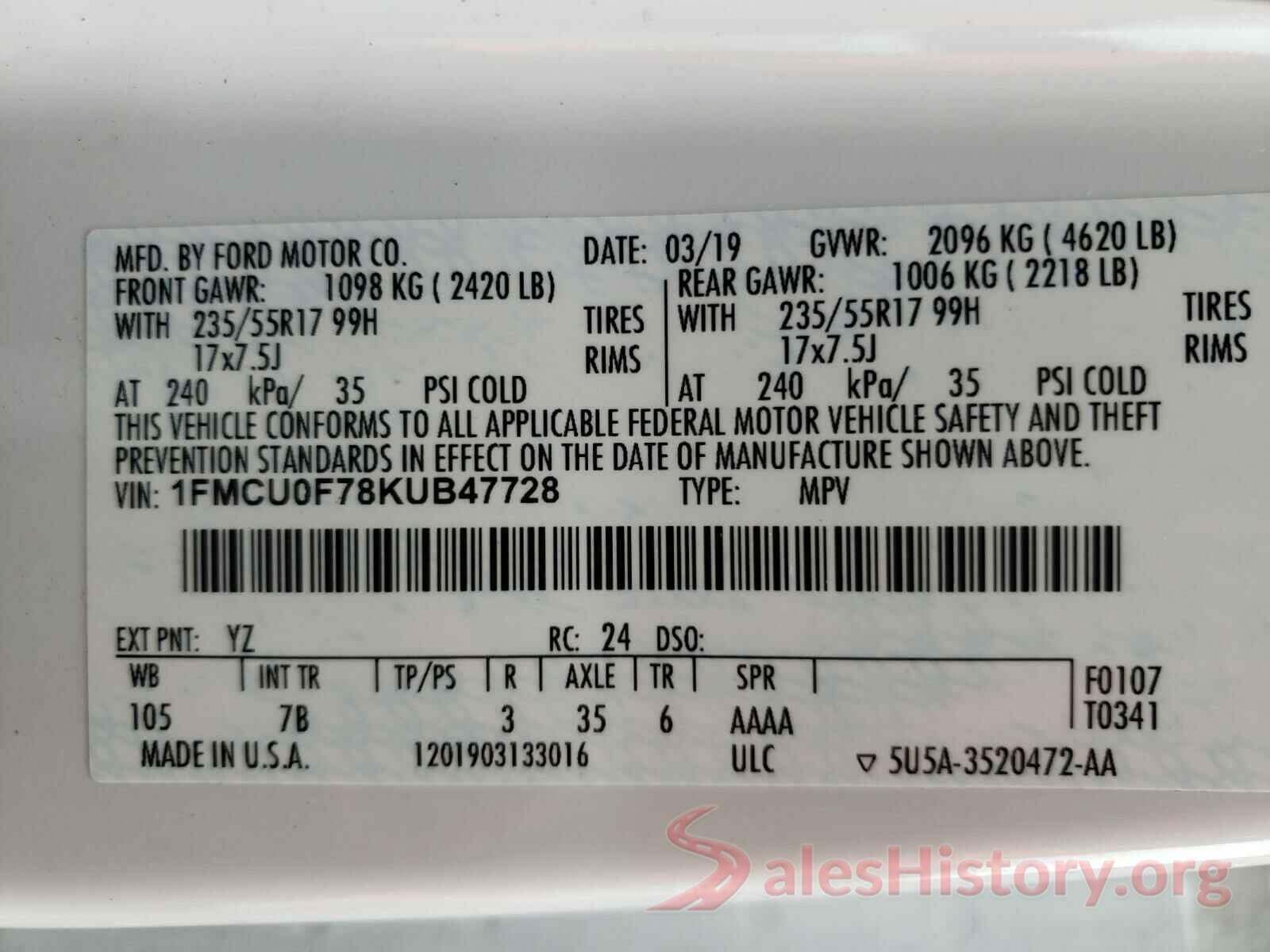 1FMCU0F78KUB47728 2019 FORD ESCAPE