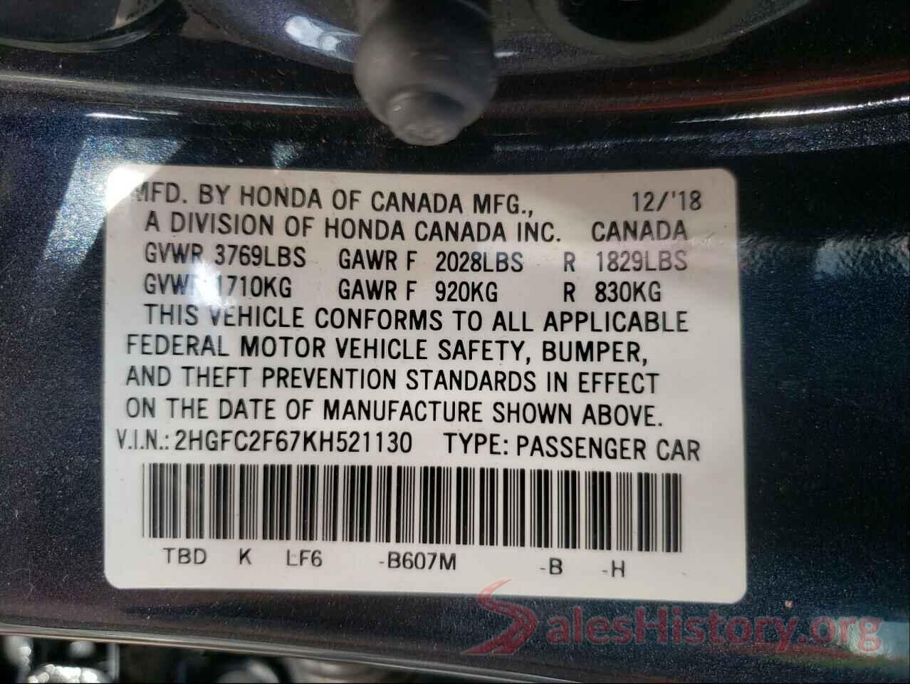 2HGFC2F67KH521130 2019 HONDA CIVIC