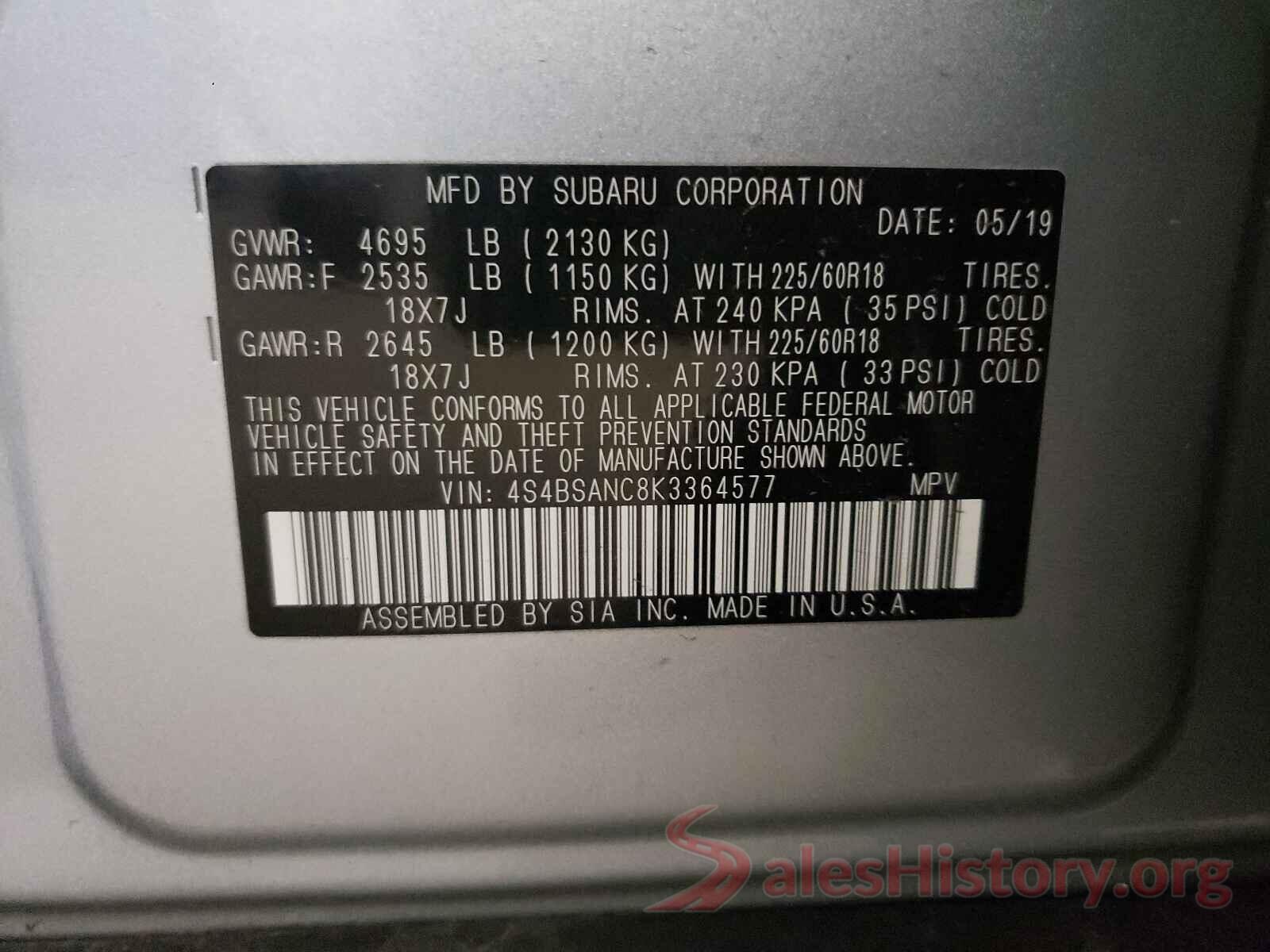 4S4BSANC8K3364577 2019 SUBARU OUTBACK