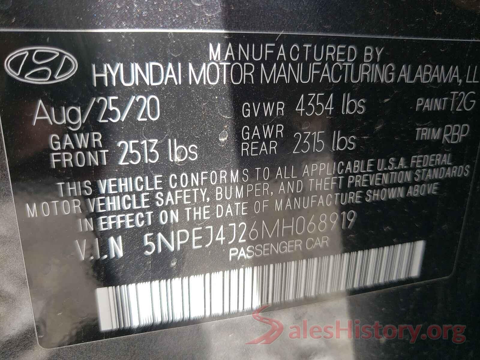 5NPEJ4J26MH068919 2021 HYUNDAI SONATA