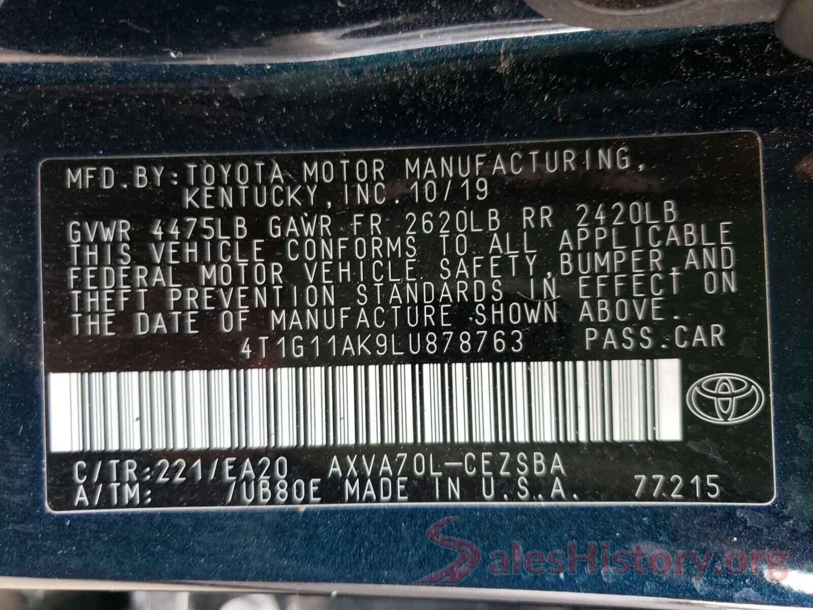 4T1G11AK9LU878763 2020 TOYOTA CAMRY