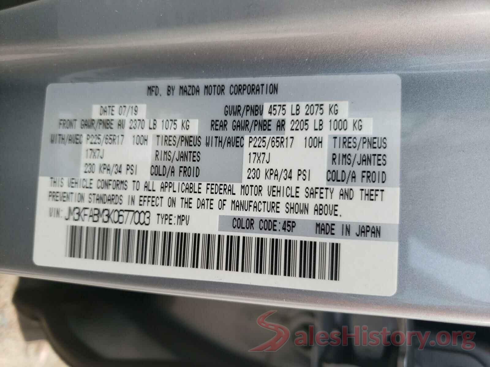 JM3KFABM3K0677003 2019 MAZDA CX-5