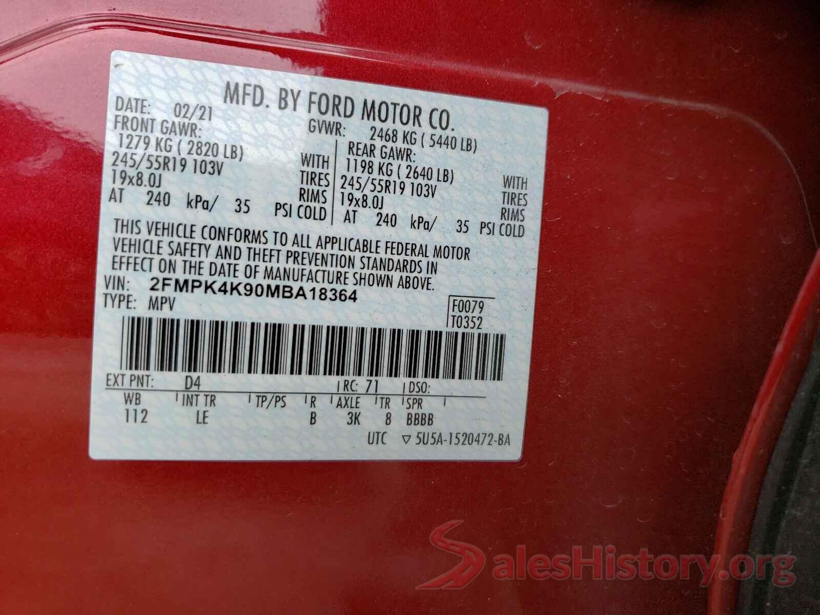 2FMPK4K90MBA18364 2021 FORD EDGE