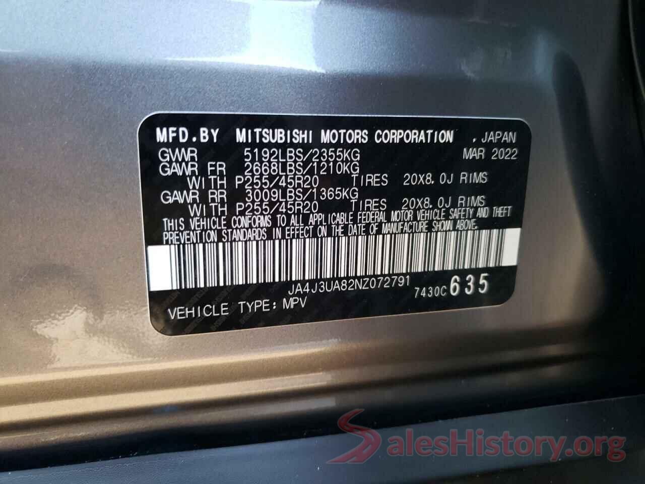 JA4J3UA82NZ072791 2022 MITSUBISHI OUTLANDER