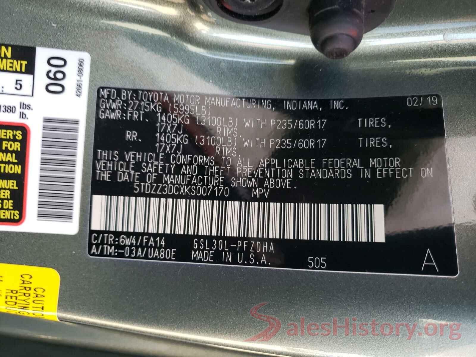 5TDZZ3DCXKS007170 2019 TOYOTA SIENNA