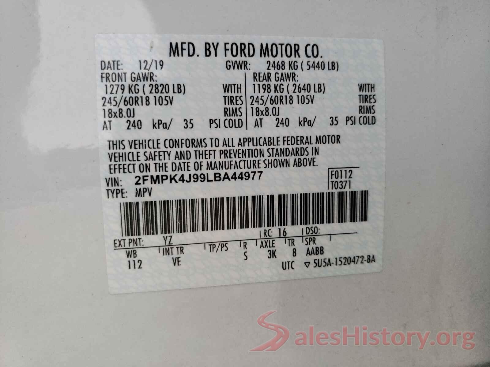 2FMPK4J99LBA44977 2020 FORD EDGE