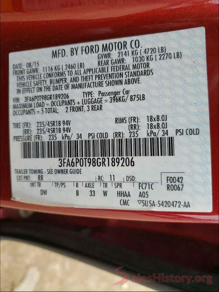 3FA6P0T98GR189206 2016 FORD FUSION