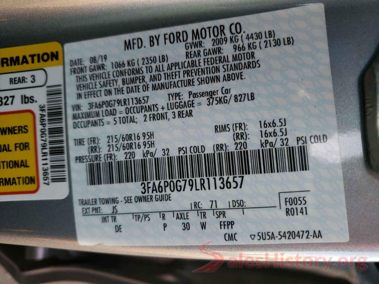 3FA6P0G79LR113657 2020 FORD FUSION