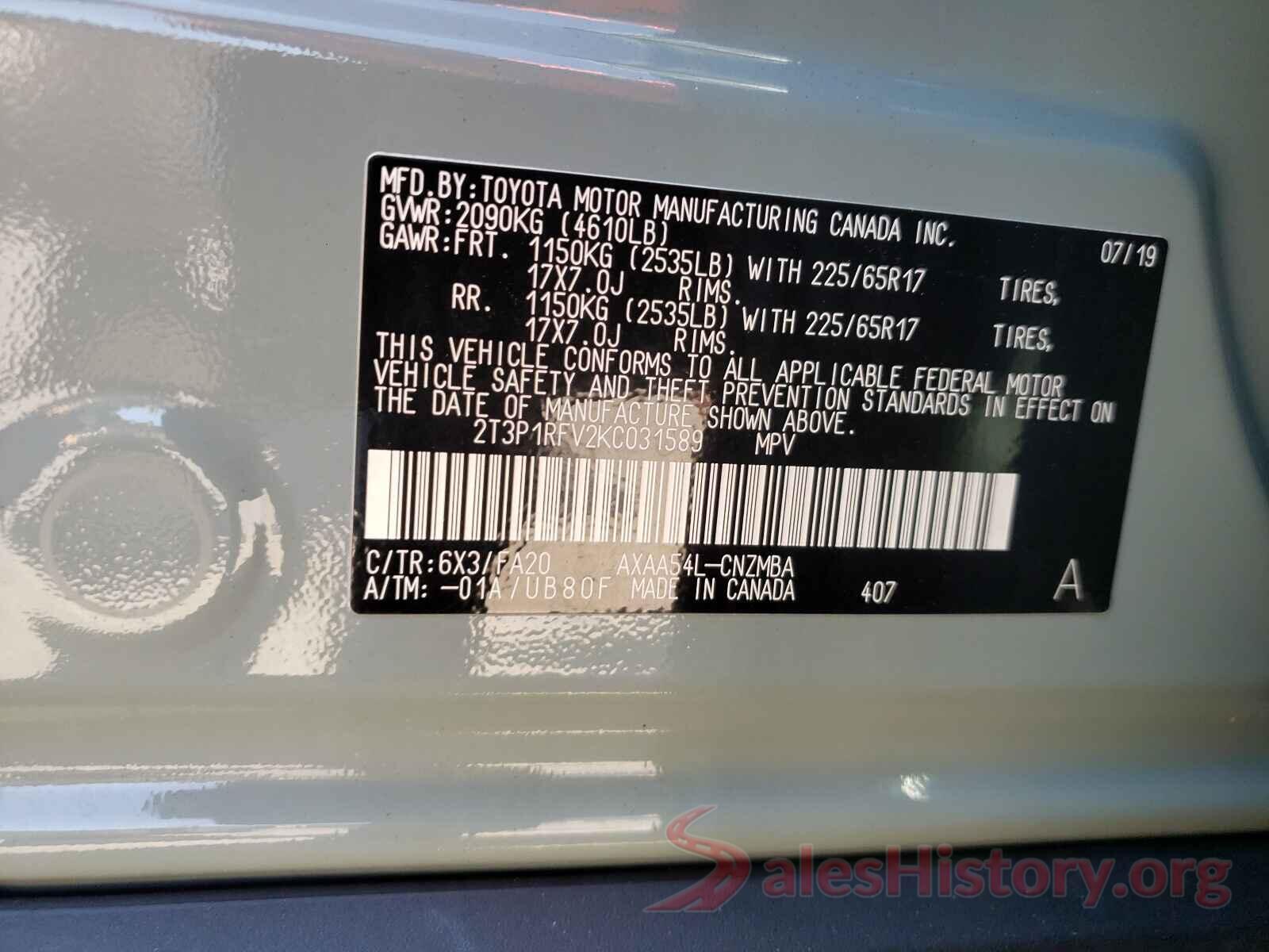 2T3P1RFV2KC031589 2019 TOYOTA RAV4