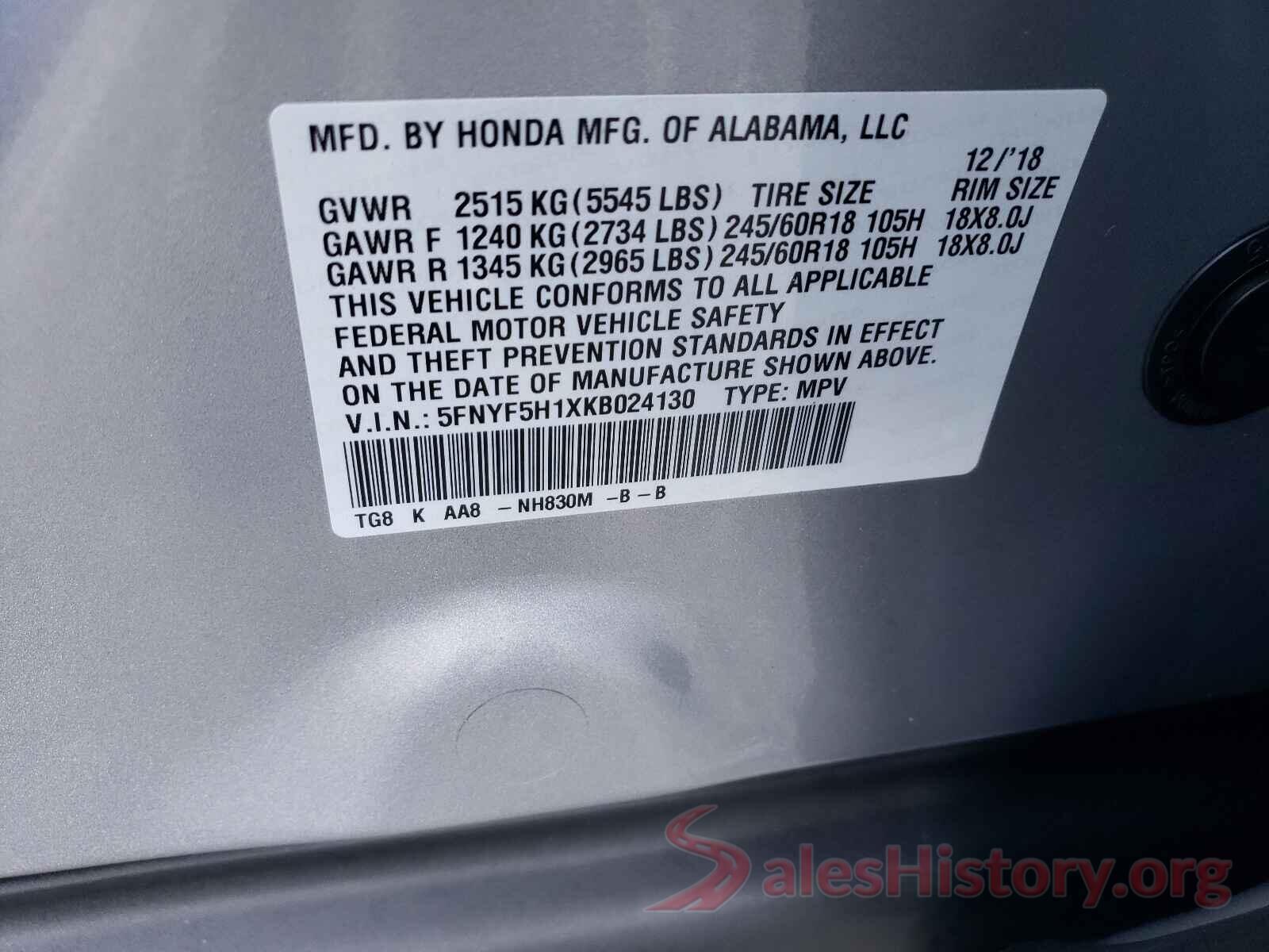 5FNYF5H1XKB024130 2019 HONDA PILOT