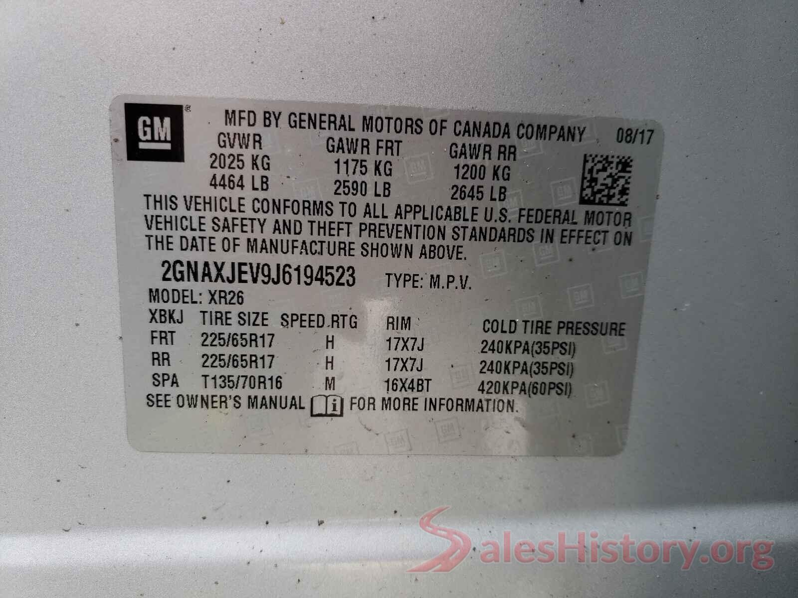 2GNAXJEV9J6194523 2018 CHEVROLET EQUINOX