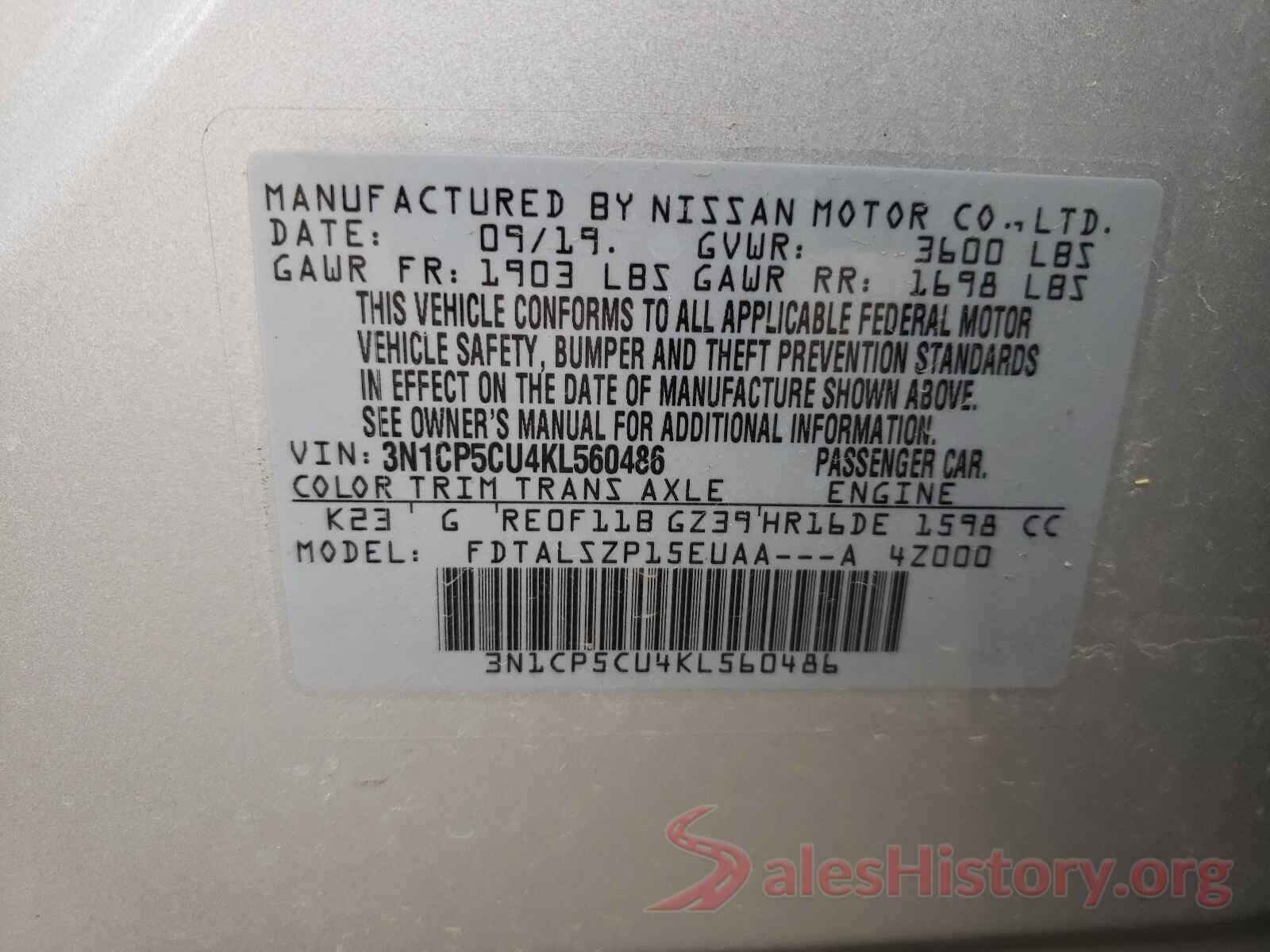 3N1CP5CU4KL560486 2019 NISSAN KICKS