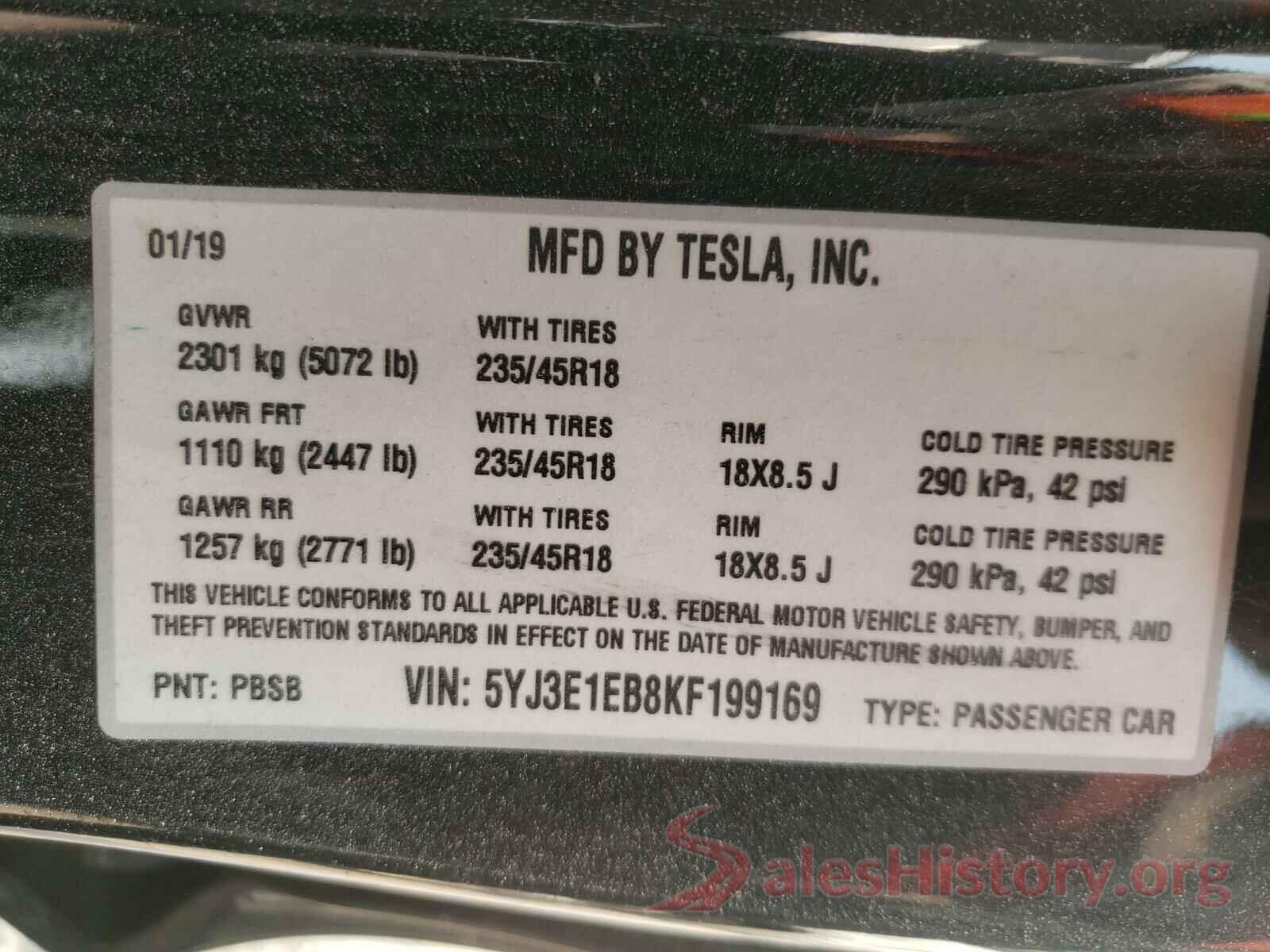 5YJ3E1EB8KF199169 2019 TESLA MODEL 3