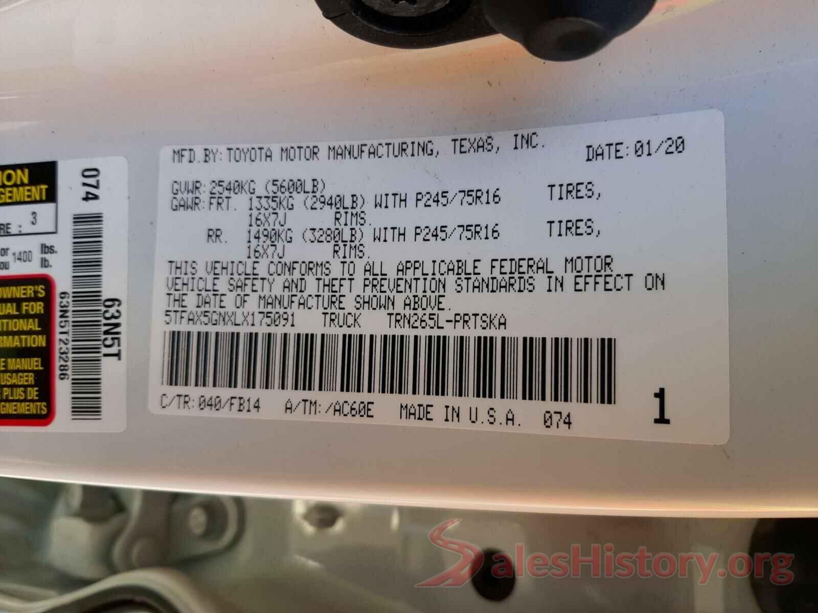 5TFAX5GNXLX175091 2020 TOYOTA TACOMA