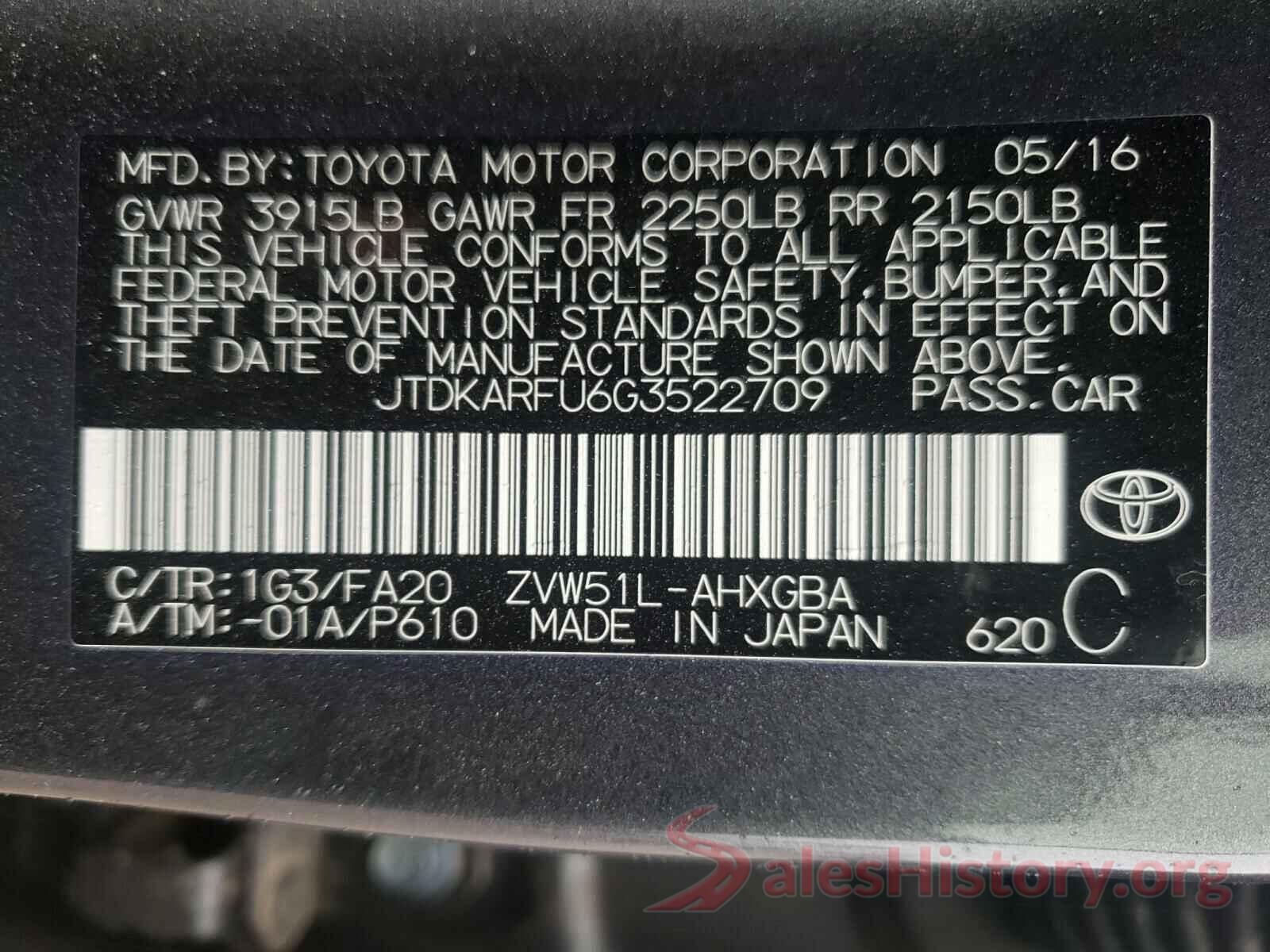 JTDKARFU6G3522709 2016 TOYOTA PRIUS