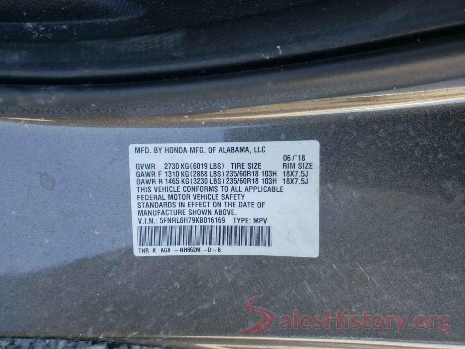 5FNRL6H79KB016169 2019 HONDA ODYSSEY