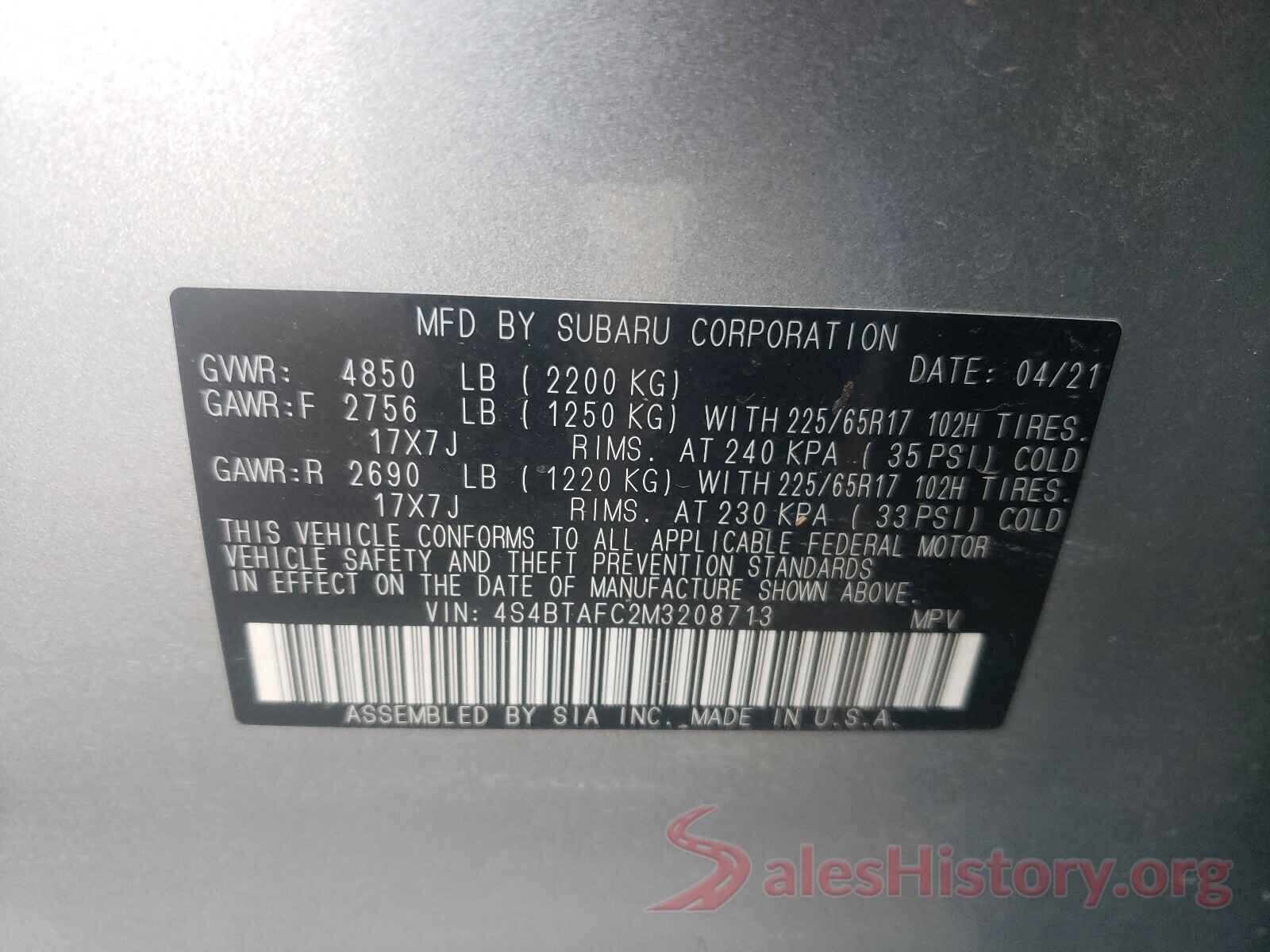 4S4BTAFC2M3208713 2021 SUBARU OUTBACK