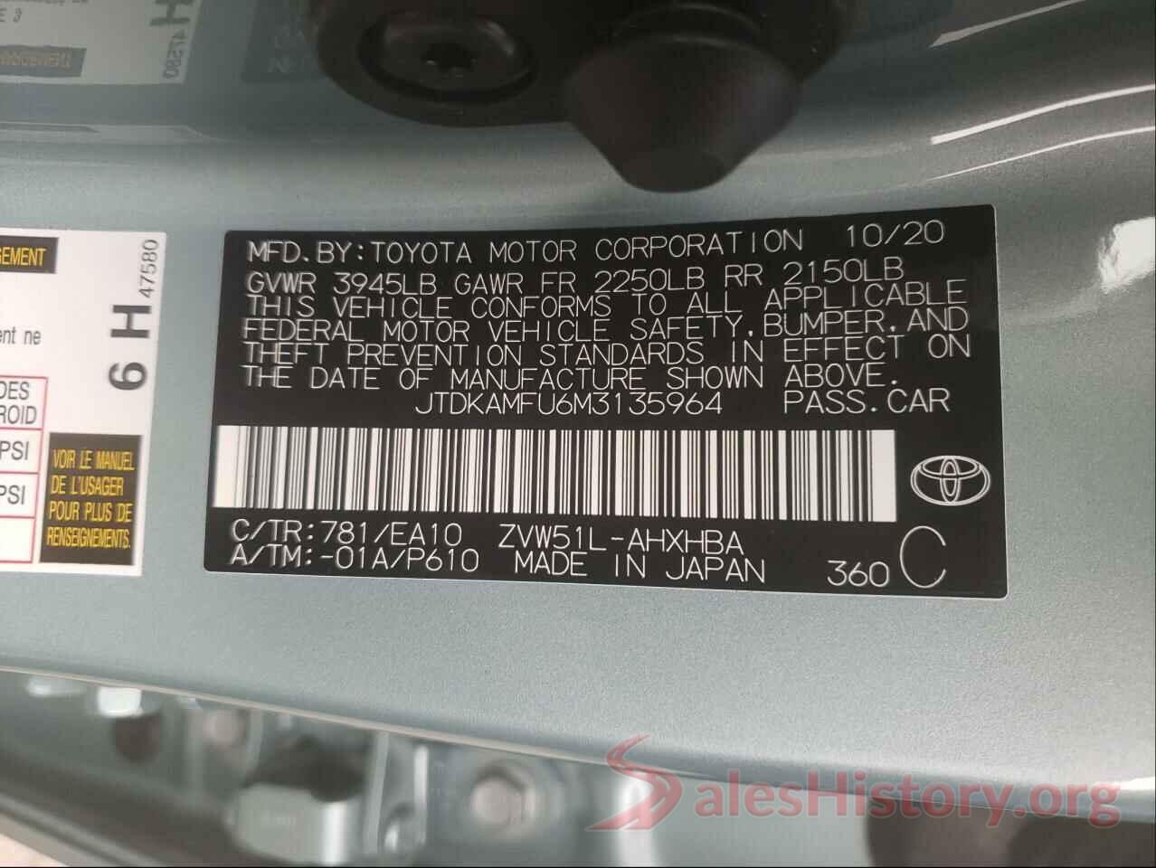 JTDKAMFU6M3135964 2021 TOYOTA PRIUS