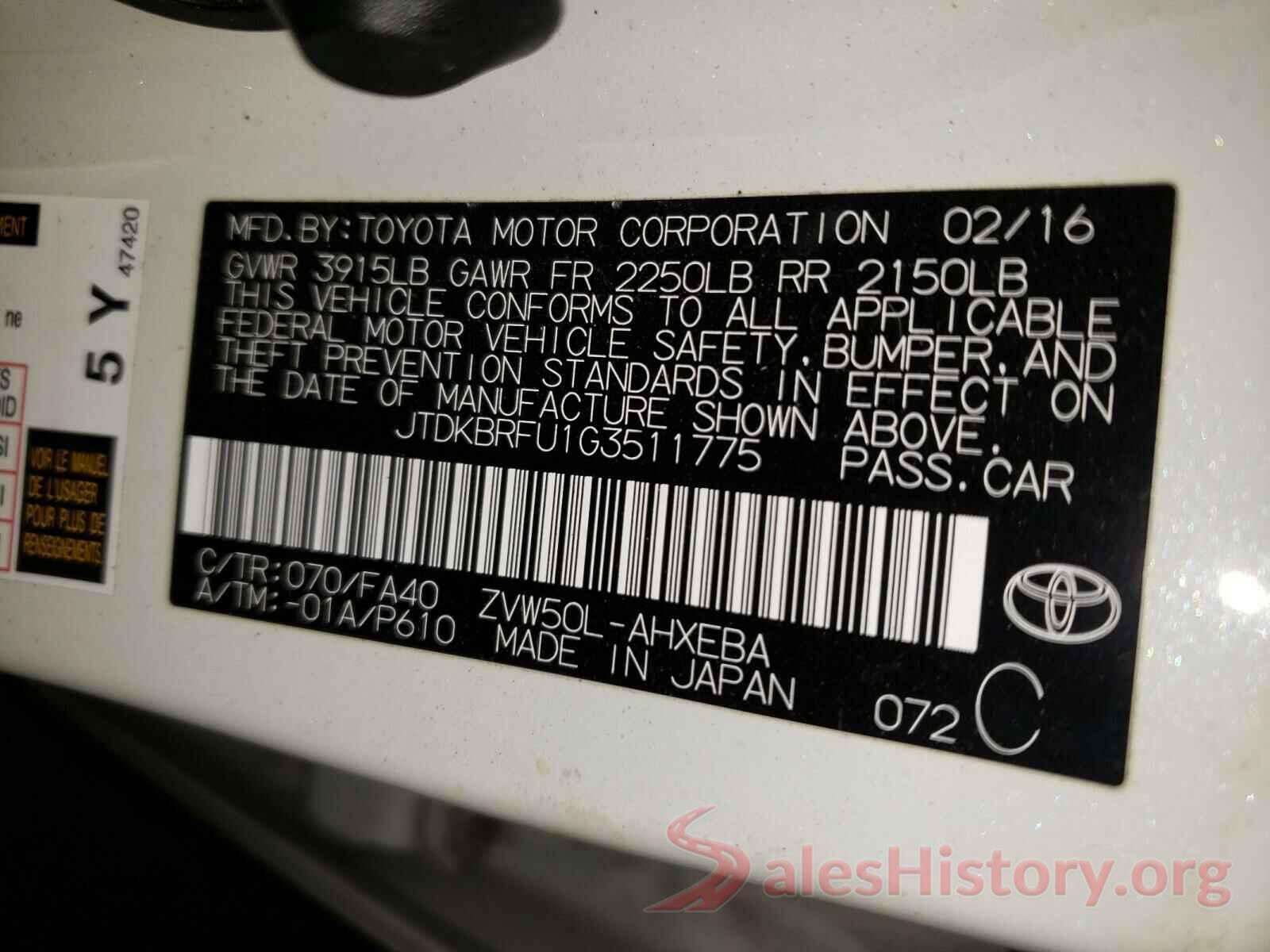 JTDKBRFU1G3511775 2016 TOYOTA PRIUS