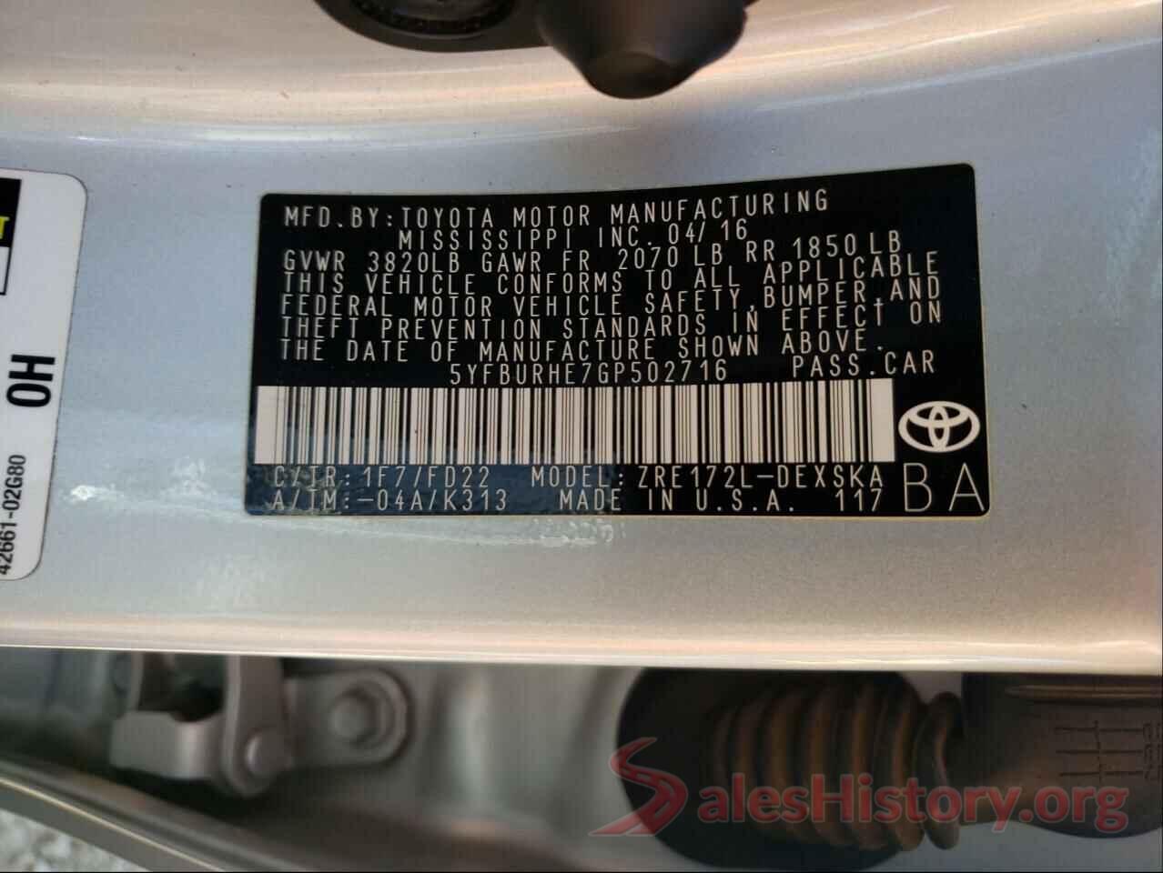 5YFBURHE7GP502716 2016 TOYOTA COROLLA