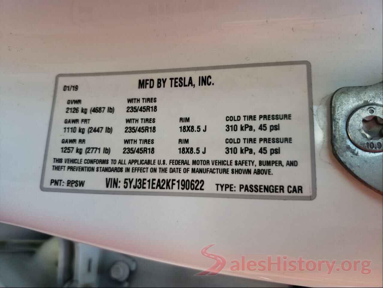 5YJ3E1EA2KF190622 2019 TESLA MODEL 3