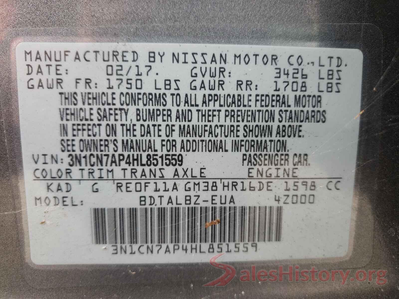 3N1CN7AP4HL851559 2017 NISSAN VERSA