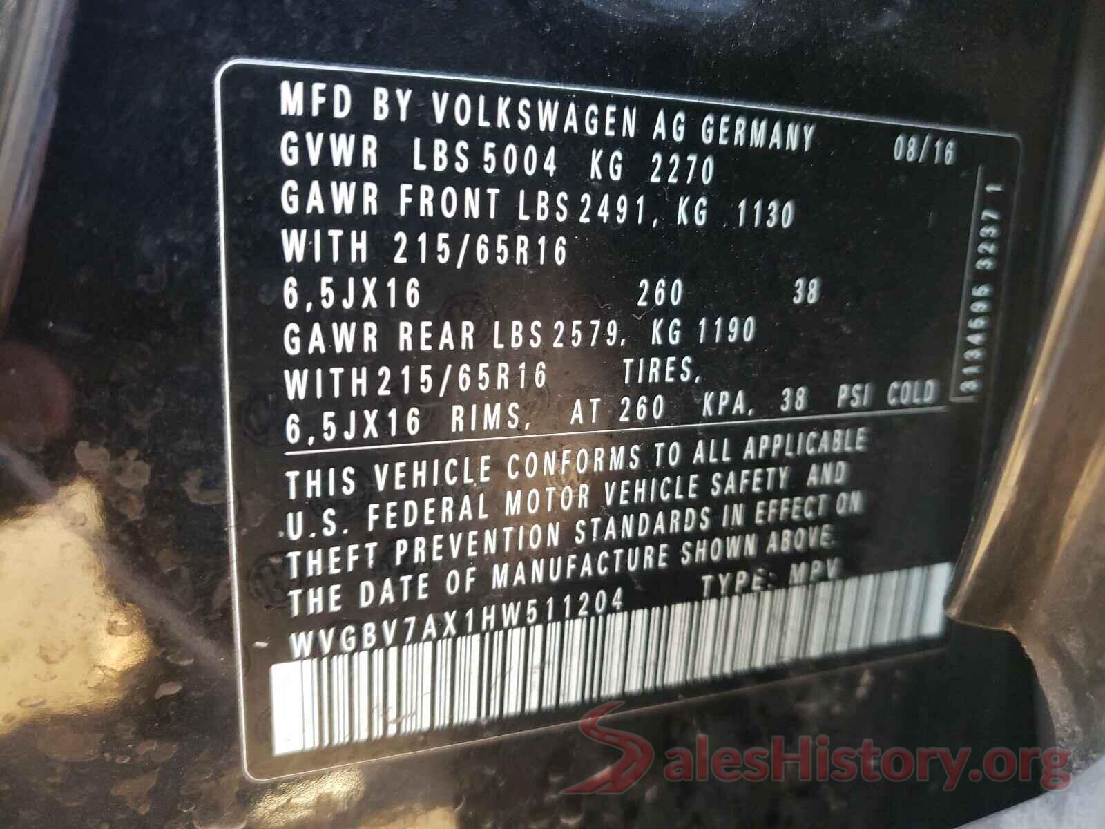 WVGBV7AX1HW511204 2017 VOLKSWAGEN TIGUAN