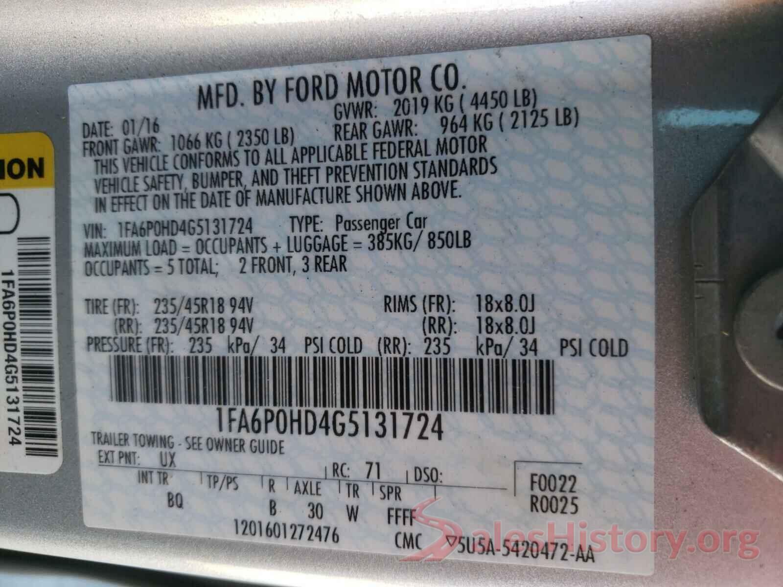 1FA6P0HD4G5131724 2016 FORD FUSION