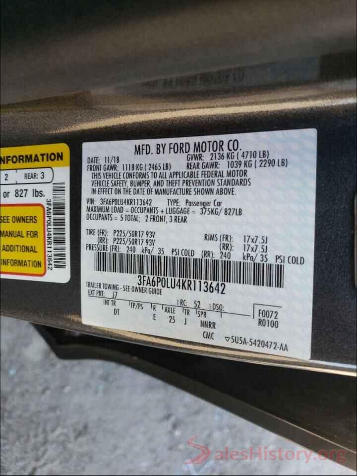 3FA6P0LU4KR113642 2019 FORD FUSION