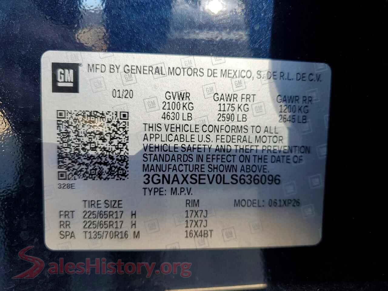 2020 CHEVROLET EQUINOX VIN 3GNAXSEV0LS636096, trunk area
