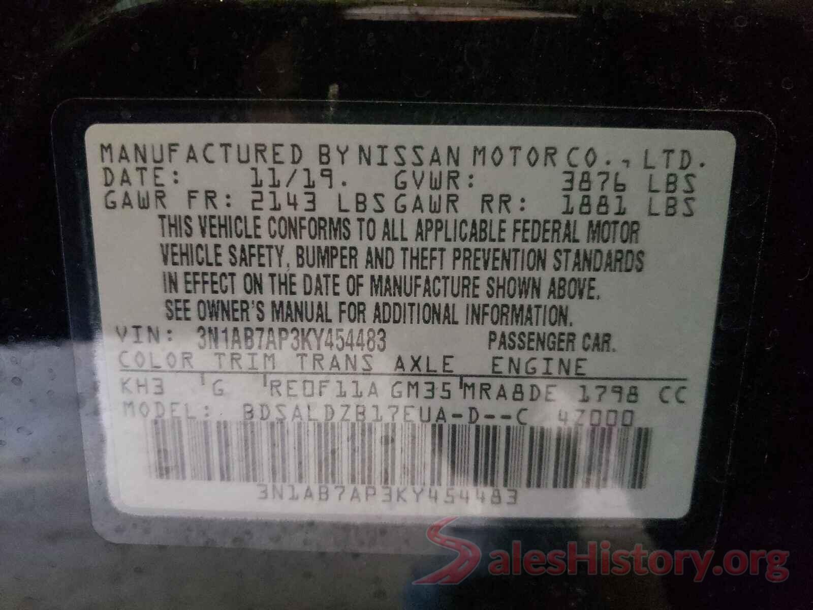 3N1AB7AP3KY454483 2019 NISSAN SENTRA