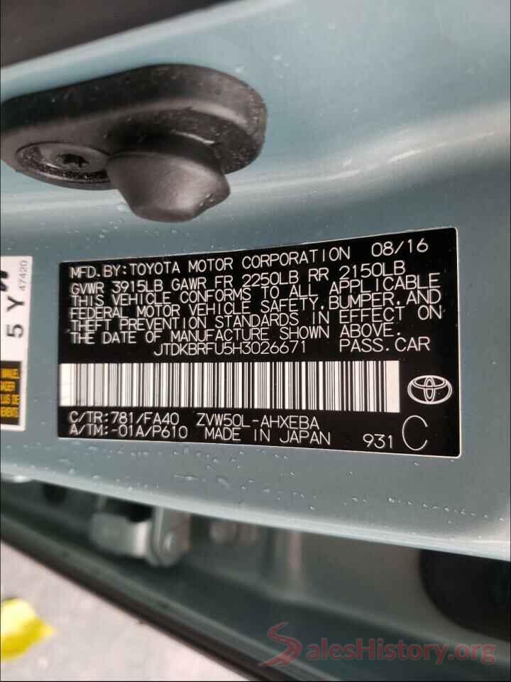 JTDKBRFU5H3026671 2017 TOYOTA PRIUS