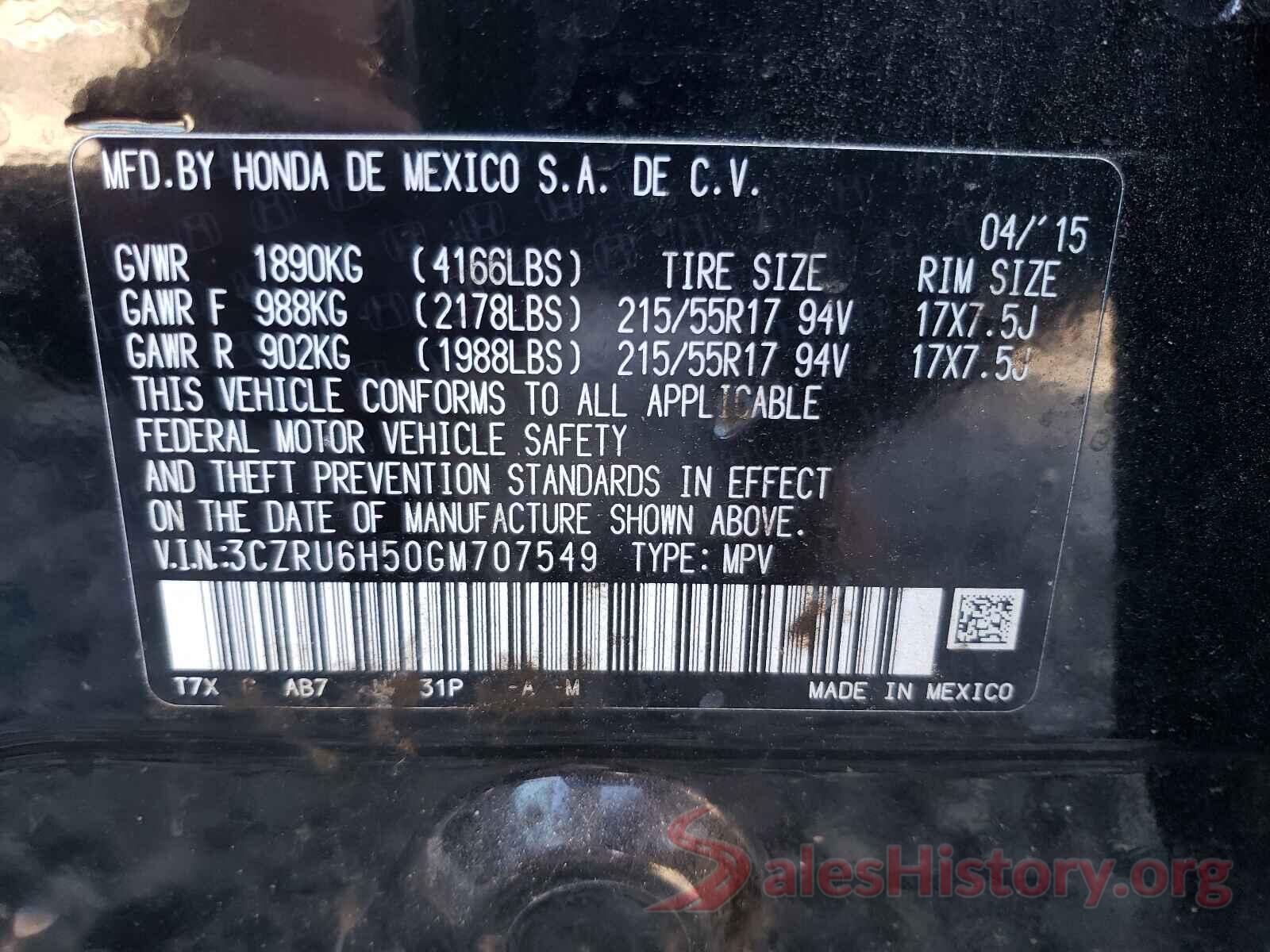 3CZRU6H50GM707549 2016 HONDA HR-V