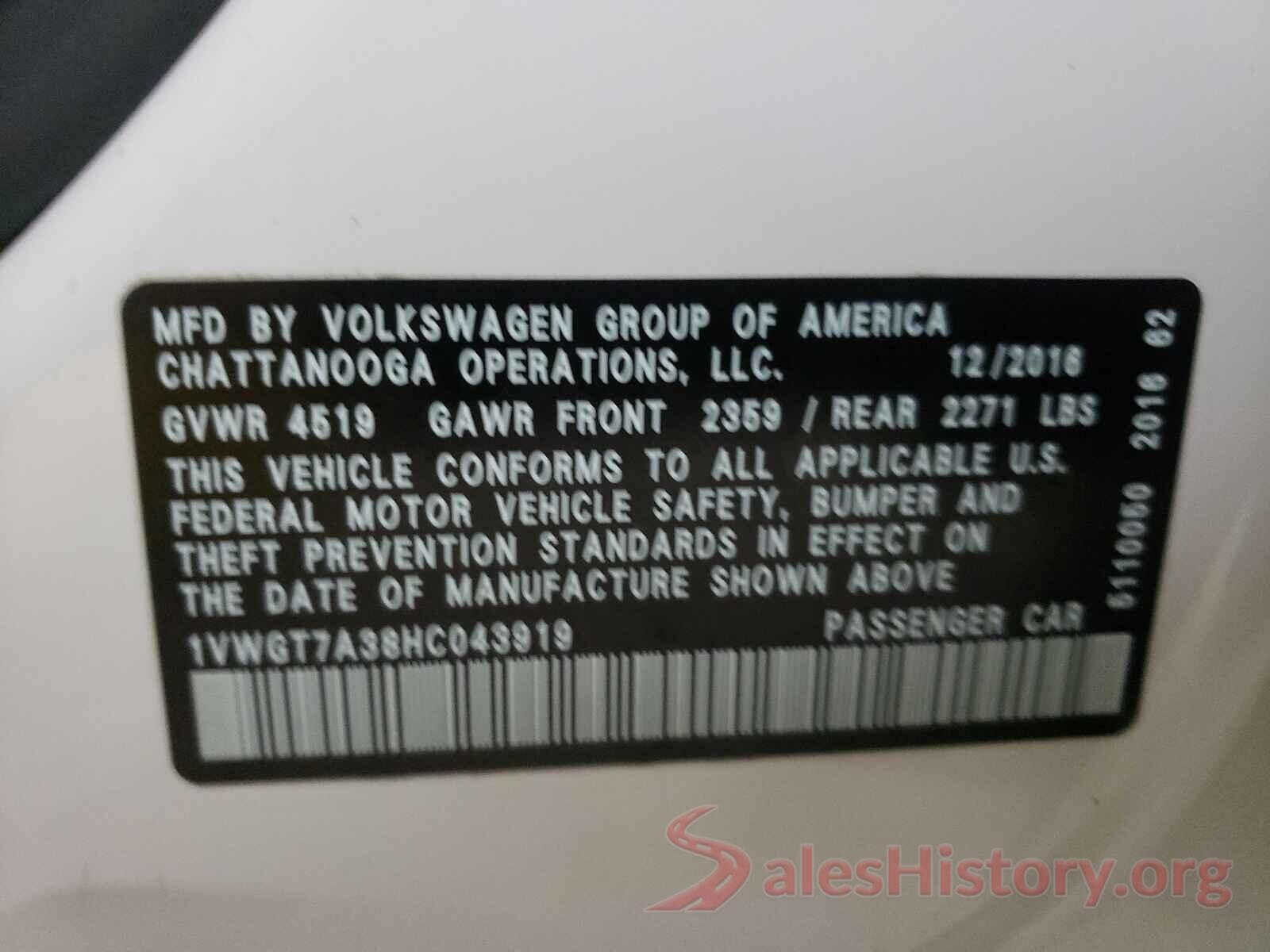 1VWGT7A38HC043919 2017 VOLKSWAGEN PASSAT