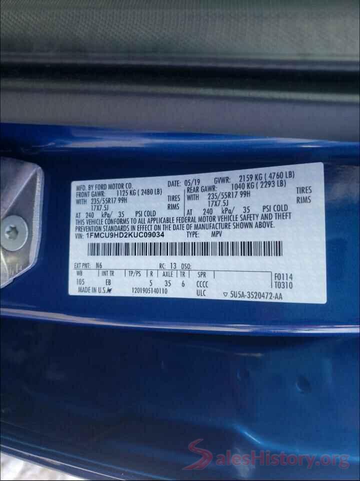 1FMCU9HD2KUC09034 2019 FORD ESCAPE