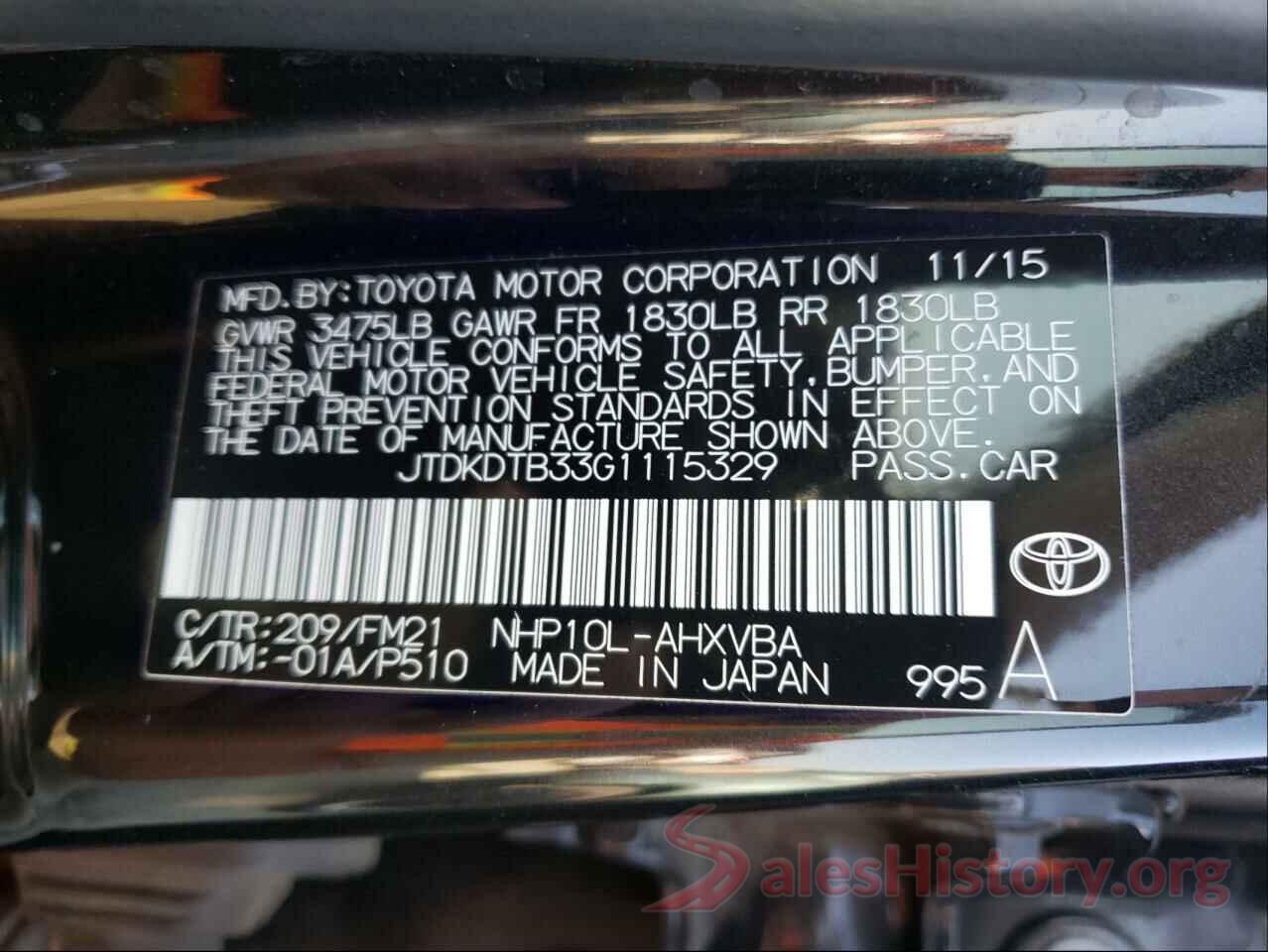 JTDKDTB33G1115329 2016 TOYOTA PRIUS