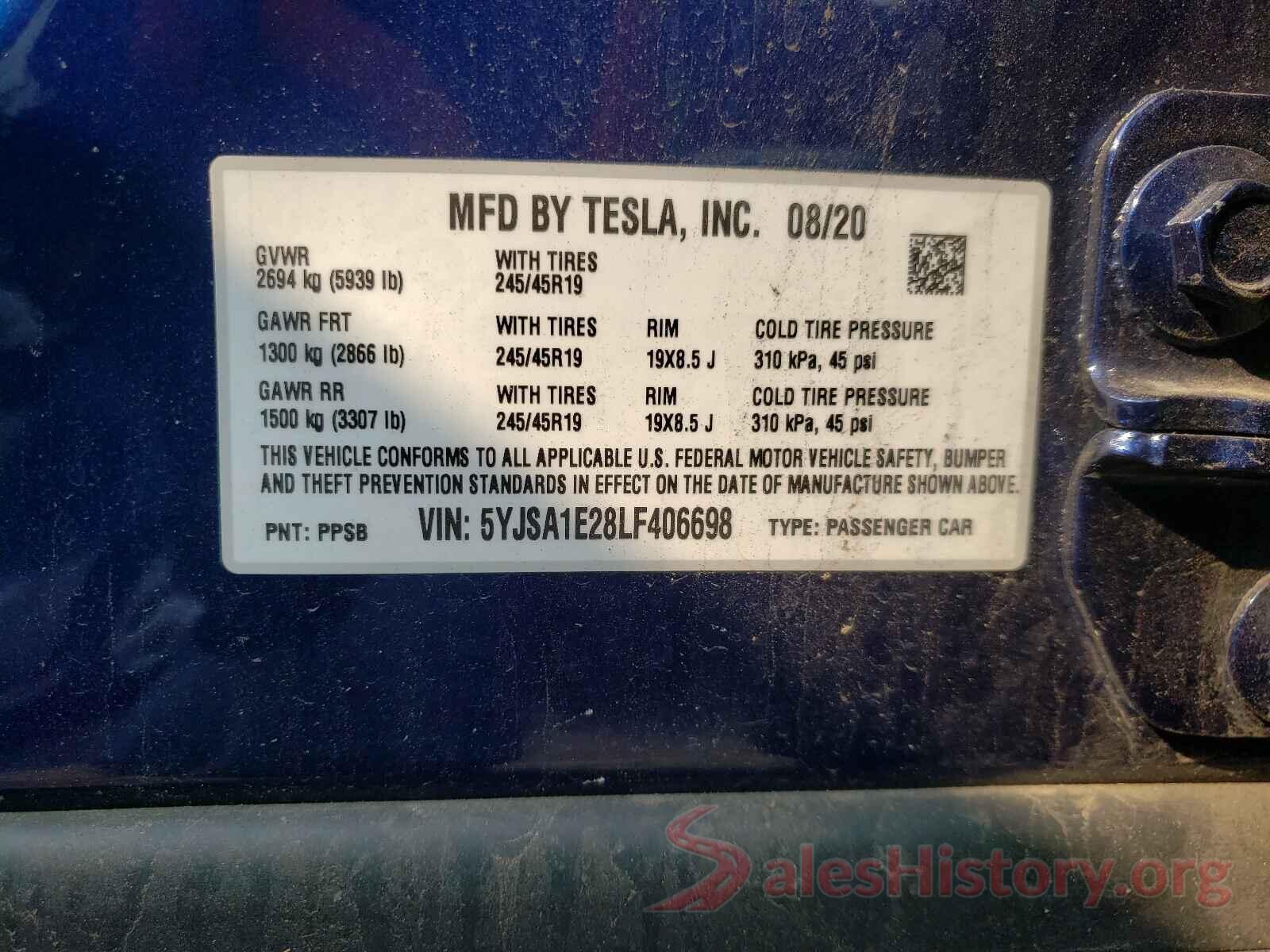 5YJSA1E28LF406698 2020 TESLA MODEL S