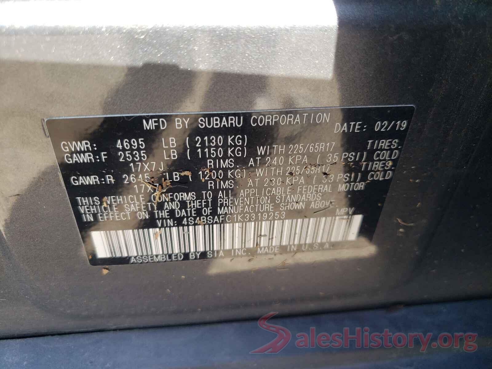 4S4BSAFC1K3319253 2019 SUBARU OUTBACK