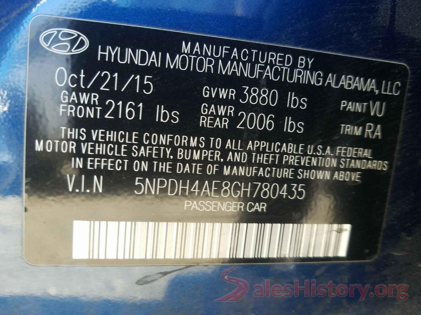 5NPDH4AE8GH780435 2016 HYUNDAI ELANTRA