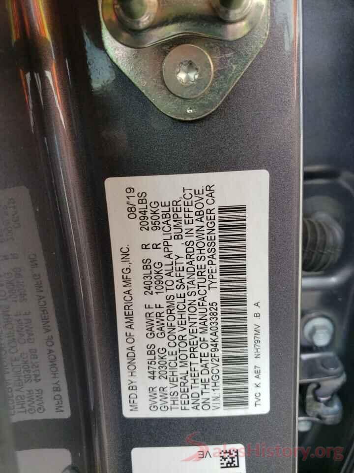 1HGCV2F94KA033825 2019 HONDA ACCORD