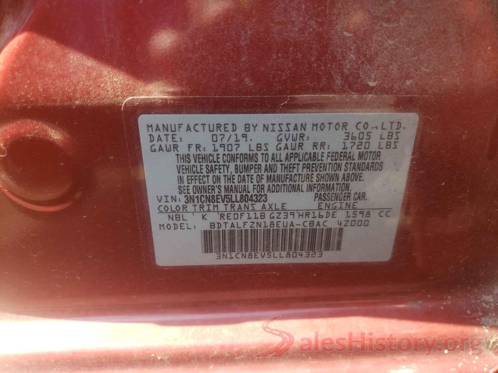 3N1CN8EV5LL804323 2020 NISSAN VERSA